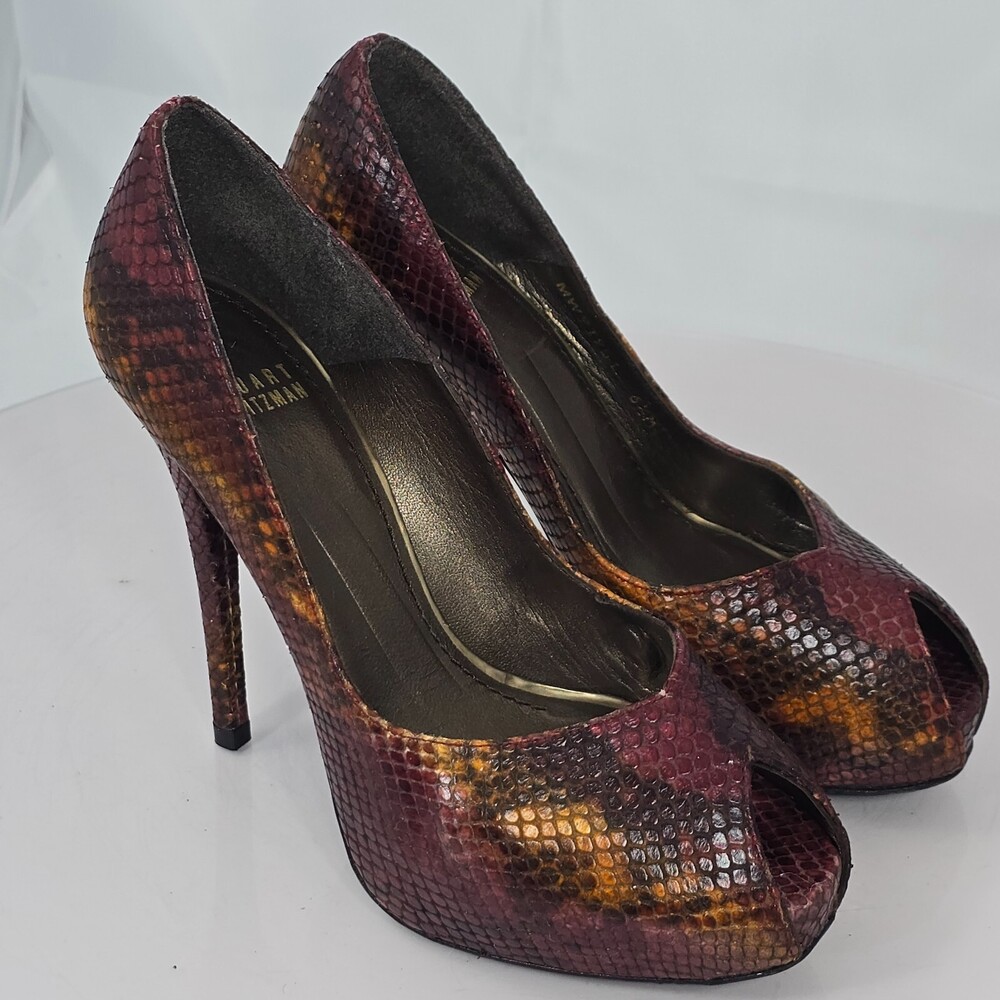 Stuart Weitzman Victoria 6.5 M Python Platform Stiletto Peep toe Pump/Heels $415